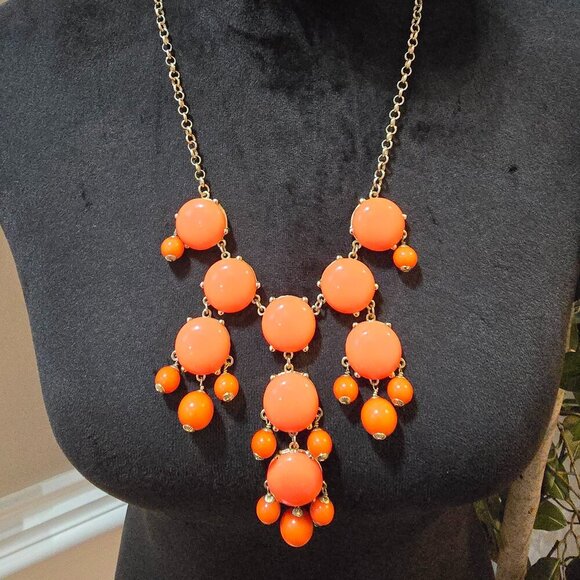 J.Crew Retro Chunky Dangle BaubleBar Orange Gold Tone Accent Statement Necklace - Picture 1 of 6